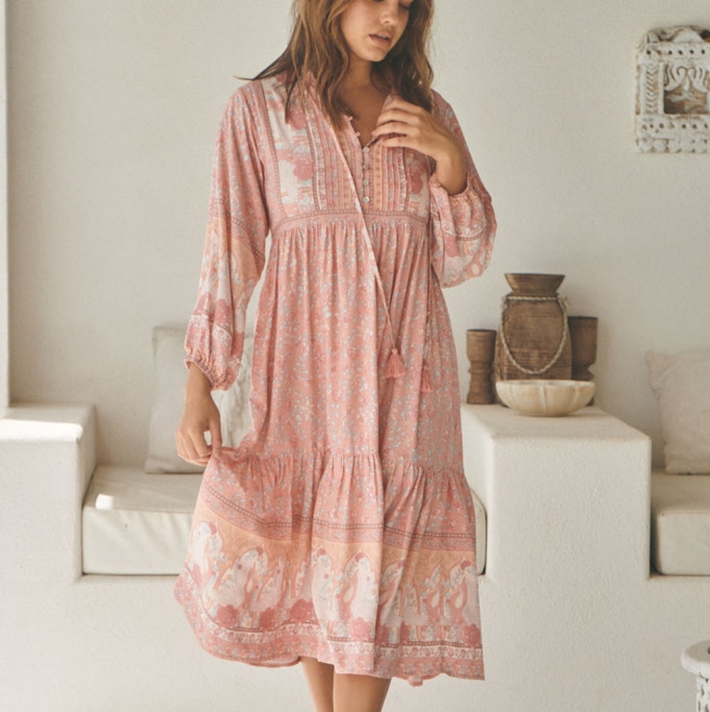 Jaase Swan Lake Ezra Midi Dress sz Medium BNWT Peony pink peachy boho Swans gown - Picture 2 of 9